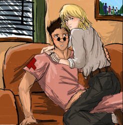  1boy alternate_costume androgynous black_hair blonde_hair chain commentary couch doctor full_body hand_chains highres hunter_x_hunter jewelry kurapika leorio_paladiknight long_sleeves looking_at_another looking_at_viewer lukawill664 multiple_rings nen_(hunter_x_hunter) on_couch ring round_eyewear shirt short_hair sleeves_rolled_up spiky_hair sunglasses white_shirt 