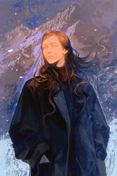  1girl aegyo_sal black_shirt blue_eyes blue_jacket brown_hair commentary_request cowboy_shot eva_stratt hands_in_pockets highres jacket landelinaigai long_hair project_hail_mary shirt snowing solo turtleneck wavy_hair 