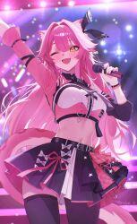  1girl ;d absurdres animal_ears anska arm_up asymmetrical_sleeves black_skirt black_thighhighs breasts center-flap_bangs center_frills collared_shirt commentary concert cropped_shirt detached_sleeves double-parted_bangs english_commentary fang frills highres holding holding_microphone hololive hololive_english hololive_idol_uniform_(color_rise) idol_clothes large_breasts long_hair microphone midriff miniskirt mismatched_sleeves multicolored_hair multicolored_shirt navel official_alternate_costume one_eye_closed open_mouth outstretched_arm panther_ears panther_girl panther_tail pink_hair pink_shirt puffy_detached_sleeves puffy_short_sleeves puffy_sleeves raora_panthera shirt short_sleeves sidelocks single_detached_sleeve single_hair_streak single_sleeve skin_fang skirt smile solo streaked_hair tail thigh-highs three-quarter_sleeves very_long_hair virtual_youtuber white_shirt white_streaks yellow_eyes 