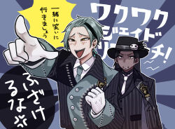  2boys black_coat black_hair blue_background blue_hair coat commentary_request dark-skinned_male dark_skin gloves green_eyes hat heterochromia jade_leech jade_leech_(nightmare_suit) jamil_viper jamil_viper_(nightmare_suit) male_focus multiple_boys patchwork_clothes pointing sharp_teeth short_hair sprout_luli striped_coat sunburst sunburst_background teeth translation_request twisted_wonderland upper_body white_gloves yellow_eyes 