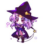  1girl black_cape black_headwear blush brown_footwear cape chibi fold-over_boots full_body hat holding holding_scythe magia_record:_mahou_shoujo_madoka_magica_gaiden magical_girl mahou_shoujo_madoka_magica misono_karin open_mouth parted_bangs parted_hair pink_ribbon purple_hair ribbon rro_del scythe simple_background skirt solo standing star_(symbol) two_side_up violet_eyes white_background white_skirt witch_hat yellow_gemstone 
