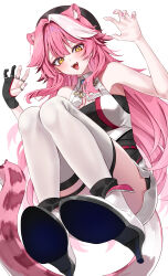  1girl :d absurdres animal_ears ascot beret black_gloves black_hat black_shirt boots breasts center-flap_bangs claw_pose commentary double-parted_bangs fangs from_below full_body gloves hands_up hat high_heel_boots high_heels highres hololive hololive_english large_breasts long_hair looking_at_viewer mogu_(au1127) multicolored_hair open_mouth panther_ears panther_girl panther_tail pink_hair raora_panthera raora_panthera_(1st_costume) shirt shorts sidelocks simple_background single_glove single_hair_streak smile solo squatting streaked_hair tail thigh-highs thigh_strap very_long_hair vest virtual_youtuber white_ascot white_background white_boots white_shorts white_streaks white_thighhighs white_vest yellow_eyes 