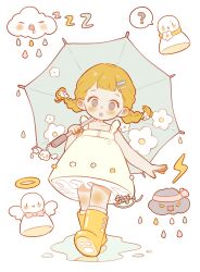  1girl :o ? absurdres angel_wings artist_name bare_arms bare_shoulders blonde_hair blunt_bangs blush blush_stickers boots bow bowtie braid clouds dress flower frilled_dress frills full_body grey_eyes hair_flower hair_ornament hairclip halo hat highres holding holding_umbrella lidaz light_blush lightning_bolt_symbol long_hair looking_at_viewer low_twin_braids medium_dress open_mouth original pink_bow pink_bowtie pink_ribbon puddle rain ribbon rubber_boots signature simple_background sleeveless sleeveless_dress socks solo teruterubouzu twin_braids twintails umbrella water_drop white_background white_dress white_flower white_socks wings zzz 