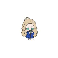  1girl ahoge aqua_eyes bare_legs barefoot biting blonde_hair blue_coat blush chibi coat commentary diana_(pragmata) full_body hands_up highres holding jitome loading_icon long_hair nepnepping padded_coat pragmata simple_background solo very_long_hair white_background 