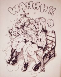  >_< ... 2girls artist_logo breasts commentary crying dated english_commentary english_text facing_to_the_side faucet full_body hands_up highres holding holding_towel inktober jpeg_artifacts logo long_hair long_sleeves looking_at_another monochrome multiple_girls on_bench open_mouth original paper_background pen_(medium) photo_(medium) pleated_skirt poch4n sailor_collar shoes sitting skindentation skirt small_breasts socks speech_bubble spoken_ellipsis streaming_tears sweatdrop sweater tears thighs towel traditional_media water wet 