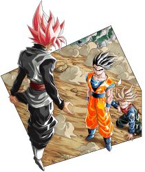  3boys absurdres black_hair black_pants black_shirt blonde_hair blue_jacket blue_sash blue_shirt blue_wrist_cuffs commentary dougi dragon_ball dragon_ball_super english_commentary grey_tunic highres jacket male_focus midair multiple_boys pants pink_hair potential_unleashed sash shirt short_hair son_gohan spiky_hair standing super_saiyan super_saiyan_rose theonenimbus trunks_(dragon_ball) trunks_(future)_(dragon_ball) tunic wrist_cuffs 