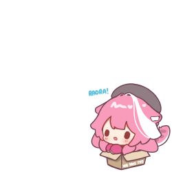  1girl :d animal_ear_fluff animal_ears black_hat blush box chibi chibi_only commentary decrilus hair_intakes hat highres hololive hololive_english in_box in_container long_hair multicolored_hair open_mouth panther_ears panther_girl panther_tail pink_hair raora_panthera simple_background smile solo streaked_hair tail virtual_youtuber white_background white_streaks 