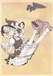  1girl adjusting_clothes adjusting_headwear animal apron bird black_dress blonde_hair bloomers braid broom broom_ribbon broom_riding brown_eyes brown_shoes collar commentary_request crow dress falling flying hair_ribbon hat hat_ribbon highres kirisame_marisa legband legs_up medium_hair puffy_short_sleeves puffy_sleeves puuakachan ribbon ribbon_braid shirt shoes short_sleeves simple_background single_braid tongue tongue_out touhou white_apron white_shirt witch witch_hat yellow_background 