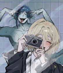  1boy 1girl bathroom bathtub blonde_hair blue_hair blue_skin borrowed_clothes camera closed_eyes colored_skin commentary_request double_inward_v eel_boy fins floyd_leech floyd_leech_(eel) head_fins highres holding holding_camera in_bathtub indoors jeod_twst merfolk merman mirror mirror_selfie monster_boy night_raven_college_school_uniform oversized_clothes oversized_jacket school_uniform selfie sharp_teeth short_hair taking_picture teeth tile_wall tiles tongue tongue_out twisted_wonderland upper_body webbed_hands wet yuu_(twisted_wonderland) 