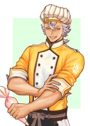  1boy absurdres apprentice_chef_(twisted_wonderland) buttons chachahara_ai chef chef_hat commentary_request cowboy_shot dark-skinned_male dark_skin double-breasted grey_background grey_hair grin hat highres holding holding_pastry_bag jack_howl jacket looking_at_viewer male_focus pastry_bag short_hair simple_background smile solo twisted_wonderland yellow_eyes yellow_jacket 