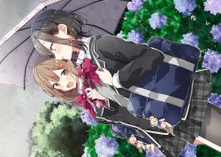  2girls bag black_hair black_skirt blazer blush breasts brown_hair flower hair_ornament holding holding_umbrella hydrangea jacket long_sleeves miniskirt multiple_girls open_mouth original plaid_clothes plaid_skirt pleated_skirt rain school_bag school_uniform shared_umbrella shirt short_hair shoulder_bag skirt smile sukerasparo takeshima_eku umbrella yuri 