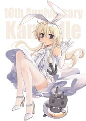  1girl absurdres anchor_hair_ornament blonde_hair dress elbow_gloves finger_to_mouth full_body gloves hair_ornament hairband highres kantai_collection long_hair looking_at_viewer open_mouth pierro_wpmp rensouhou-chan shimakaze_(kancolle) solo thigh-highs wedding_dress white_background white_dress white_gloves 