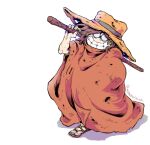  1970s_(style) 1boy brown_hair bullet_hole cane cloak commentary_request cowboy_hat cowboy_western dirty glasses grin gun_frontier_(western) hat hood hooded_cloak looking_at_viewer matsumoto_leiji_(style) momonashien ooyama_toshiro retro_artstyle sandals shikomizue signature simple_background smile solo stick sword teeth torn_clothes weapon 