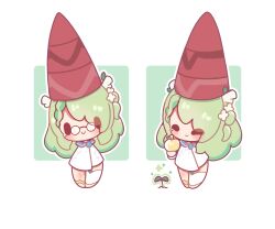  1girl ^_^ absurdres antlers apple blush ceres_fauna chibi chibi_only closed_eyes closed_mouth commentary decrilus dress english_commentary food fruit full_body green_background green_hair hat highres holding holding_food holding_fruit hololive hololive_english horns long_hair multiple_views outline pince-nez red_hat smile sprout standing virtual_youtuber white_dress white_outline 
