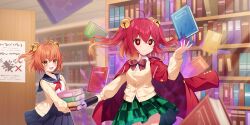  2girls alternate_costume artist_request black_sailor_collar black_skirt book bookshelf bow bowtie cardigan checkered_clothes checkered_skirt closed_mouth collared_shirt dual_persona floating game_cg gradient_hair green_skirt highres library long_sleeves medium_hair motoori_kosuzu motoori_kosuzu_(possessed) motoori_kosuzu_(student_librarian_of_gossip) motoori_kosuzu_(ultra-bibliophile_with_a_deciphering_eye) multicolored_hair multiple_girls official_art orange_eyes orange_hair pleated_skirt purple_aura red_bow red_bowtie red_eyes red_hair sailor_collar school_uniform shirt skirt telekinesis third-party_source touhou touhou_lostword white_shirt yellow_cardigan 