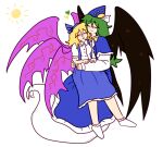  2girls alice_margatroid blonde_hair blue_dress blue_headwear blush carrying closed_eyes dress green_hair heart highres hug long_sleeves mima_(touhou) multiple_girls simple_background smile sun touhou user_wgkl2284 white_background wings 