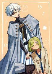  1boy 1girl ? bag blue_eyes blush brown_background cloak coco_(tongari_boushi_no_atelier) collarbone commentary_request compression_shirt confused cowboy_shot dress glasses green_eyes green_hair highres holding holding_bag inset_border leaning_to_the_side long_sleeves looking_at_viewer open_mouth pince-nez qifrey_(tongari_boushi_no_atelier) robe round_eyewear shirt short_hair speech_bubble spoken_question_mark swept_bangs taigaai4649 tassel teacher_and_student tongari_boushi_no_atelier turtleneck turtleneck_shirt white_hair white_robe 
