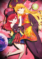  2girls barefoot black_dress black_hat black_shirt blonde_hair chain chinese_clothes closed_mouth commentary_request commission crescent_print dalachi_(headdress) dress earth_(ornament) english_commentary gold_chain grin hands_on_another's_shoulders hat hecatia_lapislazuli junko_(touhou) long_hair long_sleeves looking_at_viewer mixed-language_commentary moon_(ornament) multicolored_skirt multiple_girls off-shoulder_shirt off_shoulder phoenix_print pixiv_commission red_eyes red_hair red_tabard shikido_(khf) shirt short_sleeves skirt smile t-shirt tabard toes touhou underworld_(ornament) very_long_hair watermark 