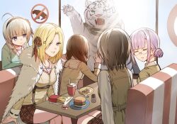  1other 5girls ahoge aoi_erika black_hair blonde_hair brown_hair burger byakko_(heaven_burns_red) chinese_commentary coat commentary_request fast_food flower food fork french_fries fur_coat glasses grey_hair hair_flower hair_ornament hairband heaven_burns_red highres higuchi_seika hiiragi_kozue kr_woyue medium_hair minase_ichigo minase_sumomo multiple_girls purple_hair sailor sailor_collar salt_shaker short_hair table team_31b_(heaven_burns_red) violet_eyes white_fur 