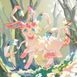  :o animal_focus blue_eyes bow commentary_request flower full_body highres iamsphenodon looking_at_viewer no_humans open_mouth outdoors pawpads pink_fur pokemon pokemon_(creature) pokemon_focus ribbon simple_background solo_focus standing sylveon two-tone_fur white_flower white_fur yanma 