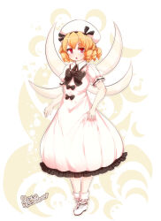  1girl 2018 black_bow blue_eyes bow commentary_request dated dress drill_hair fairy_wings furim highres looking_at_viewer luna_child medium_hair open_mouth puffy_sleeves red_eyes solo standing touhou two-tone_background white_background white_dress wings yellow_background 