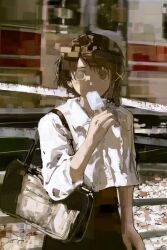  1girl absurdres arm_at_side asymmetrical_hair bag black_bag blywkissy2 brown_eyes brown_hair brown_skirt chinese_commentary collared_shirt commentary_request cowboy_shot day distortion eating food hair_ornament hand_up highres holding holding_food holding_popsicle iwakura_lain looking_at_viewer outdoors popsicle railroad_tracks serial_experiments_lain shirt short_hair shoulder_bag single_sidelock skirt solo standing white_shirt x_hair_ornament 