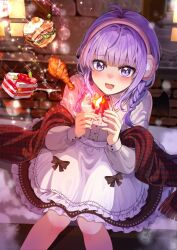  1girl ahoge bat_wings black_skirt black_wings bow bowtie braid cake camibarez_ursula center_frills chicken_(food) chicken_leg chocho_(homelessfox) commentary_request cosplay cowboy_shot drooling earmuffs fang food fried_chicken frilled_skirt frills genius_summoner_at_necromancy_academy holding_matchstick korean_commentary layered_skirt lens_flare little_match_girl little_match_girl_(cosplay) long_sleeves open_mouth plaid_clothes plaid_shawl purple_hair red_bow red_bowtie red_shawl sailor_collar shawl shirt shirt_tucked_in sitting skin_fang skirt snow solo violet_eyes white_sailor_collar white_shirt white_skirt wings 