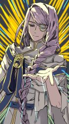  1boy braid chrom_rem closed_mouth commentary_request dame_x_prince downcast_eyes highres jue_ai long_braid long_hair male_focus monocle purple_hair robe solo sunburst sunburst_background upper_body very_long_hair white_robe wide_sleeves 