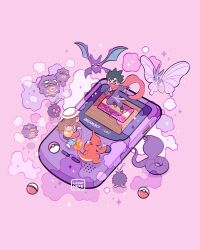  1boy 1girl arbok bag black_gloves black_hair blue_shirt brown_hair bucket_hat charmeleon chibi claws colored_sclera crobat fangs fingerless_gloves fire flame-tipped_tail game_boy game_boy_color gas gloves handheld_game_console hat highres holding holding_poke_ball koffing koga_(pokemon) leaf_(pokemon) leaphere long_hair ninja open_mouth pants poke_ball poke_ball_(basic) pokemon pokemon_(creature) pokemon_firered_and_leafgreen pokemon_red/green/blue/yellow porkpie_hat red_scarf red_skirt scarf shirt short_hair skirt sleeveless sleeveless_shirt smile snake spiky_hair tail venomoth venonat weezing white_hat wings wristband yellow_bag yellow_sclera 