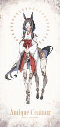  1girl animal_ears artist_name bit_gag black_hair centaur commentary_request dated doll_joints english_text eye_mask full_body gag highres hooves horse_ears horse_girl japanese_clothes joints mask miko original own_hands_together reins solo standing taur zenmaibook 