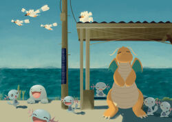  absurdres artist_name beach bird catiartcos commentary dragon dragonite english_commentary highres no_humans ocean pokemon pokemon_(creature) pokemon_pokopia power_lines quagsire seagull sleeping surprised water wingull wooper 