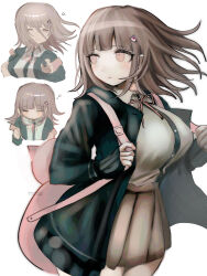  1girl animal_bag bag breasts brown_hair brown_skirt cat_bag collared_shirt commentary_request danganronpa_(series) danganronpa_2:_goodbye_despair flipped_hair hair_ornament highres ikemen'na_ore-shi jacket long_sleeves medium_hair multiple_views nanami_chiaki neck_ribbon open_clothes open_jacket pink_bag pink_eyes pink_ribbon pleated_skirt ribbon shirt skirt squeans thigh-highs two-tone_shirt white_shirt 
