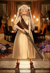 aura_(sousou_no_frieren) frieren frieren_face kamado_nezuko kimetsu_no_yaiba long_hair multiple_girls rifle sousou_no_frieren