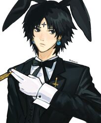  1boy animal_ears artist_name black_bow black_bowtie black_eyes black_hair black_suit bow bowtie chrollo_lucilfer commentary cross cross_tattoo earrings english_commentary facial_mark facial_tattoo fake_animal_ears forehead_mark forehead_tattoo glowing glowing_earrings highres hunter_x_hunter inverted_cross jewelry long_sleeves looking_at_viewer male_focus mieowkaa rabbit_ears shirt short_hair simple_background solo suit tattoo upper_body white_background white_shirt 