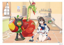  1girl absurdres amulet apple_hair_ornament applin bed bewear blueberry_academy_school_uniform book border breasts bright_pupils brown_hair buzzwole calyrex calyrex_(rider) closed_mouth collarbone commentary_request computer curling_iron curtains desk eyelashes fang fangs fingernails food-themed_hair_ornament full_body game_console glassy0302 grey_eyes hair_ornament headphones highres hisuian_decidueye hisuian_electrode hisuian_qwilfish hydrapple indoors kneeling kuraishi_ringo_(glassy0302) long_hair long_sleeves microphone monitor nail_polish nintendo_switch ogerpon ogerpon_(hearthflame_mask) open_mouth original outline photo_(object) pink_nails plant pokemon pokemon_(creature) pokemon_scarlet_and_violet poster_(object) potted_plant school_uniform shelf shirt shoes shorts sidelocks signature smile standing star-shaped_pupils star_(symbol) symbol-shaped_pupils terapagos terapagos_(normal) tongue tongue_out trash_can twitter_username tyrantrum unworn_headphones unworn_wig ursaluna white_border white_outline white_pupils white_shirt white_shoes white_shorts wig wig_stand window yellow_eyes 