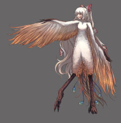  1girl absurdres bird_tail bird_wings bow commentary english_commentary feathered_wings fujiwara_no_mokou full_body gradient_wings grey_background grey_hair hair_bow harpy highres long_hair monster_girl monsterification multicolored_wings multiple_hair_bows open_mouth red_eyes simple_background smile solo tail talons there2007 touhou very_long_hair wings 