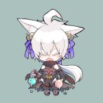  1boy ahoge animal_ears arm_blade bell black_cape black_gloves black_pants black_shirt blush bow cape chibi closed_eyes commentary_request elbow_gloves fox_ears full_body gloves grey_background guillotine_cross_(ragnarok_online) hair_bell hair_bow hair_ornament holding_ice_cream ice_cream_cone jingle_bell kusabi_(aighe) long_hair low_ponytail male_focus official_alternate_costume open_mouth pants purple_bow ragnarok_online scarf shirt simple_background sleeveless sleeveless_shirt solo standing torn_cape torn_clothes torn_scarf waist_cape weapon white_hair 
