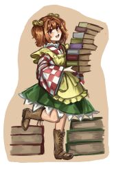  103anon 1girl apron bell book book_stack boots brown_boots checkered_clothes checkered_kimono clothes_writing commentary_request full_body hair_bell hair_ornament highres holding holding_book japanese_clothes kimono long_sleeves motoori_kosuzu open_mouth red_eyes short_hair skirt smile touhou twintails two_side_up wide_sleeves yellow_apron 