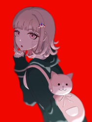  1girl animal_bag bag breasts brown_hair cat_bag commentary_request danganronpa_(series) danganronpa_2:_goodbye_despair flipped_hair hair_ornament hood inu_tome_shi jacket long_sleeves looking_at_viewer medium_hair nanami_chiaki open_clothes pink_bag pink_eyes red_background shirt solo watermark white_shirt 