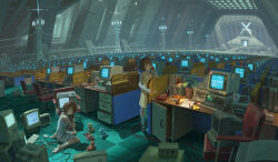  1girl absurdly_detailed_composition absurdres asymmetrical_hair brown_hair cable chair chemise chinese_commentary commentary_request computer corded_phone crt cutting desk dress english_commentary english_text hair_ornament highres holding holding_phone holding_scissors holding_stuffed_toy indoors iwakura_lain lamp medium_hair mixed-language_commentary monitor multiple_persona office on_floor phone plant potted_plant power_lines rubik's_cube scenery scissors serial_experiments_lain shanchi single_sidelock sitting standing stuffed_toy transmission_tower wariza white_chemise wide_shot wire x_hair_ornament yellow_dress 