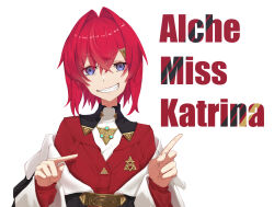  1girl absurdres ange_katrina ange_katrina_(1st_costume) blue_eyes cardigan commentary_request crossed_bangs flat_chest grin hair_intakes hair_ornament hands_up highres ikvugzu5zu51627 index_fingers_raised long_sleeves looking_at_viewer medium_hair nijisanji off_shoulder red_cardigan red_hair simple_background smile solo song_name straight-on triangle_hair_ornament upper_body virtual_youtuber white_background 