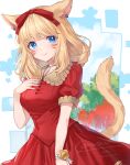  1girl animal_ears blonde_hair blue_eyes bow cat_ears cat_tail commission dress facial_mark final_fantasy final_fantasy_xiv hair_bow hand_on_own_chest highres jewelry kgr long_hair miqo&#039;te necklace original puffy_short_sleeves puffy_sleeves red_bow red_dress short_sleeves skeb_commission smile solo tail whisker_markings 