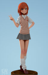  1girl 3d artist_logo asymmetrical_bangs bare_arms blue_background brown_eyes brown_hair brown_shoes brown_sweater_vest closed_mouth collared_shirt commentary emblem english_commentary figure flower flower_hairpin full_body grey_skirt hand_on_own_hip hand_up kneehighs knees light_blush loafers logo looking_at_viewer loose_socks medium_hair miniskirt misaka_mikoto pleated_skirt school_emblem school_uniform shirt shoes short_sleeves simple_background skirt sleeveless smile socks solo standing summer_uniform sweater_vest toaru_kagaku_no_railgun toaru_majutsu_no_index tokiwadai_school_uniform usmanhayat v v-neck white_flower white_shirt white_socks 