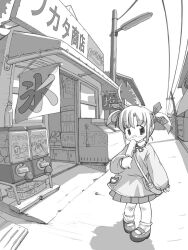  1girl ahoge bag bandaid bandaid_on_leg blush bow bracelet candy candy_store child collared_dress commentary_request dress eating food gashapon hair_between_eyes hair_bow holding holding_food holding_ice_cream ice_cream jewelry lamppost low_twintails monochrome multiple_hair_bows original perspective popsicle power_lines road satchel scenery shadow shoes shop short_hair shouwa sidelocks skirt socks solo storefront town twintails vending_machine waka_(sagi) walking 