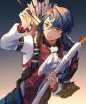  1boy alcryst_(fire_emblem) armor arrow_(projectile) ascot blue_hair bow_(weapon) buckle closed_mouth fire_emblem fire_emblem_engage hair_between_eyes hair_ornament hairclip high_collar highres holding holding_weapon long_sleeves looking_to_the_side red_eyes rollrollrollru shirt shoulder_armor vest weapon white_shirt 