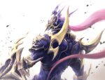  1boy armor black_luster_soldier blue_armor deadspike_nine debris duel_monster from_behind full_armor gold_trim helmet highres male_focus red_eyes shield shoulder_spikes solo spikes upper_body yu-gi-oh! 