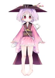  1girl alternate_hairstyle antenna_hair barefoot black_hat bowl bowl_hat cape commentary_request floral_print flower full_body gradient_clothes gradient_kimono hat highres japanese_clothes kimono kiwi_(x_x915) knees_apart_feet_together long_sleeves low_twintails pink_flower purple_hair red_eyes red_kimono sash short_hair solo standing sukuna_shinmyoumaru touhou twintails 