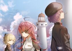  3girls ahoge asami_makiko_(heaven_burns_red) black_jacket blonde_hair chinese_commentary commentary_request eyepatch green_eyes hat heaven_burns_red highres jacket kr_woyue lighthouse long_hair military_hat military_rank_insignia military_uniform multiple_girls nanase_nanami_(heaven_burns_red) purple_hair red_hair shirt short_hair tezuka_saki white_shirt yellow_eyes 