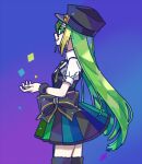  1girl alina_gray black_bow black_headwear blue_background bow collar from_side fur_cuffs fur_trim garter_straps green_eyes green_hair hair_between_eyes hat long_hair looking_at_viewer magia_record:_mahou_shoujo_madoka_magica_gaiden magical_girl mahou_shoujo_madoka_magica multicolored_clothes multicolored_hair multicolored_skirt peaked_cap pleated_skirt profile puffy_short_sleeves puffy_sleeves rro_del short_sleeves sidelocks skirt sleeve_cuffs smile solo standing streaked_hair striped striped_skirt vertical-striped_skirt vertical_stripes waist_bow white_collar white_sleeves 