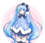 1girl anli_17 blue_bow blue_bowtie blue_coat blue_eyes blue_footwear blue_hair blue_mittens blue_skirt boots bow bowtie coat cropped_legs earmuffs fur-trimmed_boots fur-trimmed_coat fur-trimmed_sleeves fur_trim hair_bow hair_ornament hand_on_earmuffs hand_up hatsune_miku highres long_hair long_sleeves looking_at_viewer open_mouth pink_background pleated_skirt pom_pom_(clothes) skirt snowflakes solo thigh_boots twintails very_long_hair vocaloid yuki_miku yuki_miku_(2012) zettai_ryouiki